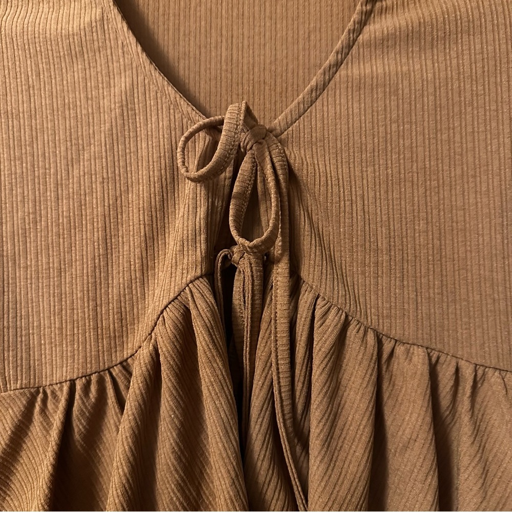 SHEIN Ribbed Tie-Front Peplum Crop Top in Brown - Picture 3 of 4